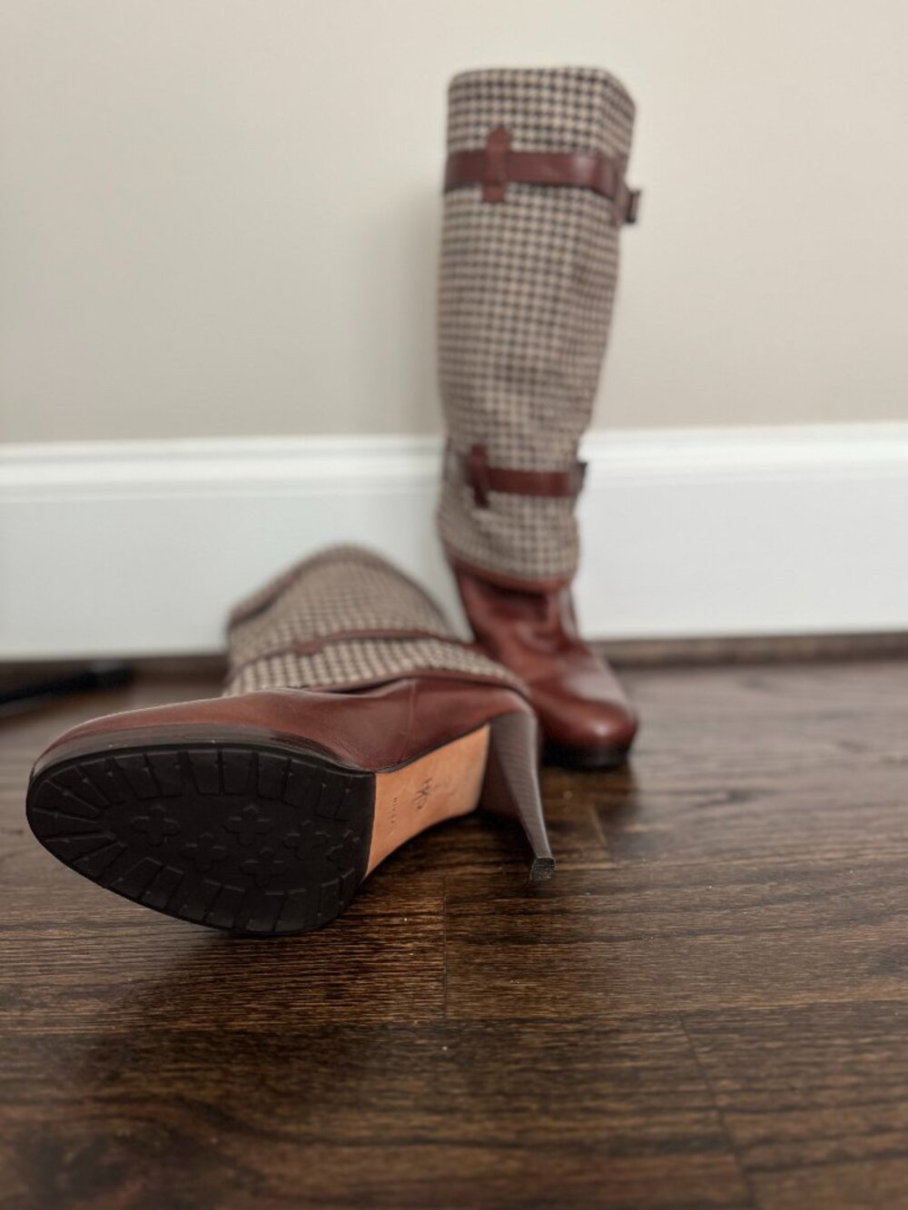 Cole Haan Mahogany Leather Boot with Brown and Cream Houndstooth  Size 10